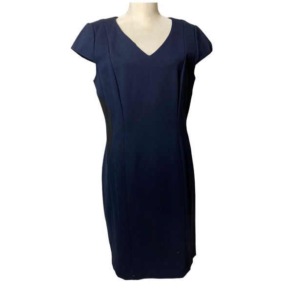 Antonio Melani Sheath Dress Womens 14 Navy/Black Cap Sleeve Stretch V Neck - Picture 1 of 9